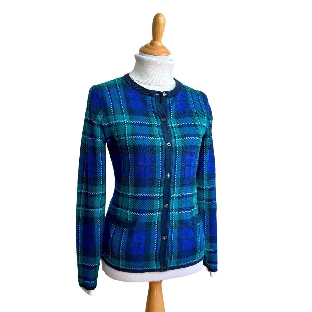 Lands End Tartan Plaid Navy and Green Preppy Holiday Classic Cardigan Sweater M‎